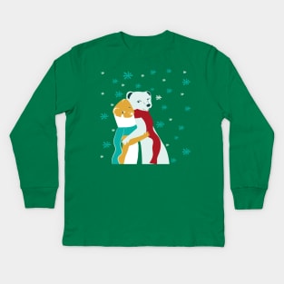 Winter Weasel hugs in teal Kids Long Sleeve T-Shirt